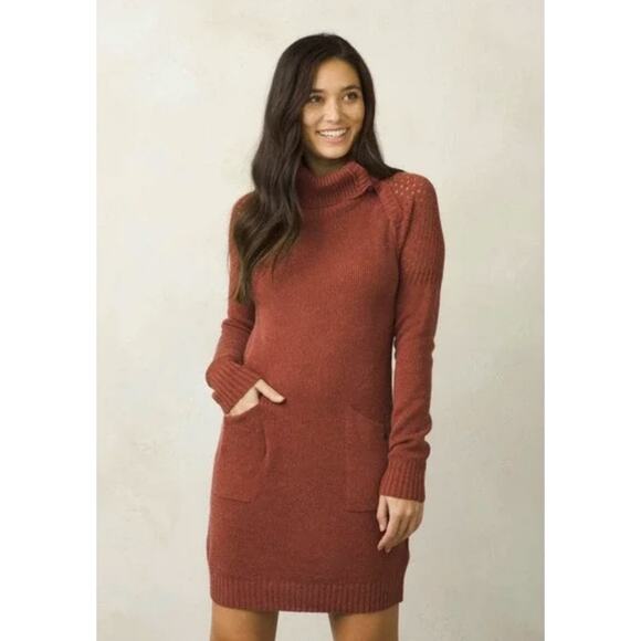 Prana Dress Women M Terracota Archer Sweater Pockets Snap Buttons Mock Neck - Picture 1 of 9